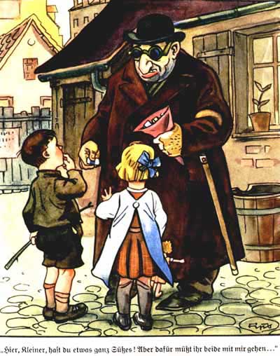 ANTI-SEMITIC CARTOON, 1930s The stereotypical Jew corrupting children with candy.
